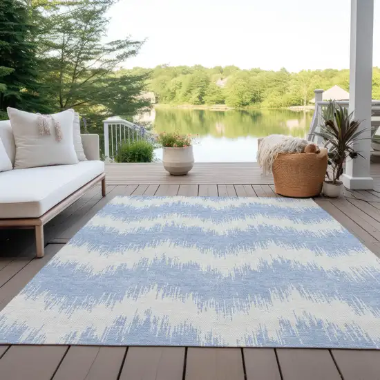 Sky Blue And Ivory Chevron Washable Indoor Outdoor Area Rug Photo 7