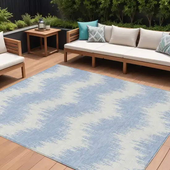 Sky Blue And Ivory Chevron Washable Indoor Outdoor Area Rug Photo 1