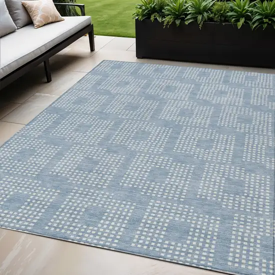 Sky Blue And Ivory Geometric Washable Indoor Outdoor Area Rug Photo 1