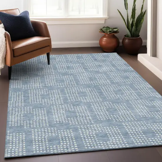 Sky Blue And Ivory Geometric Washable Indoor Outdoor Area Rug Photo 9