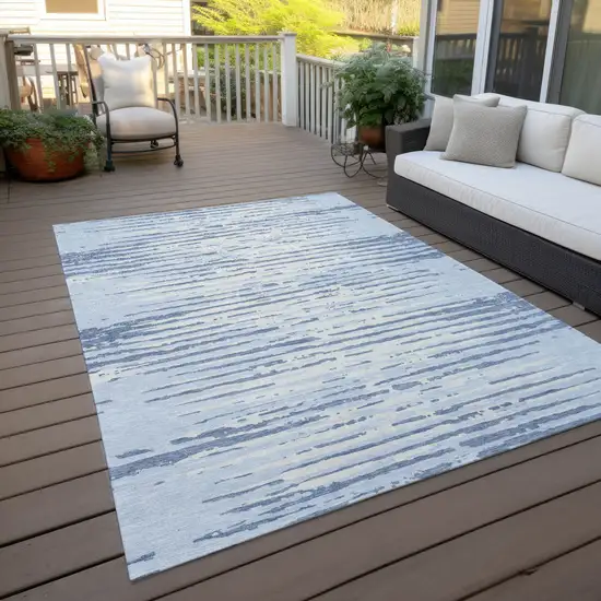 Sky Blue And Ivory Striped Washable Indoor Outdoor Area Rug Photo 8