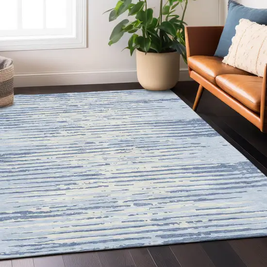 Sky Blue And Ivory Striped Washable Indoor Outdoor Area Rug Photo 9