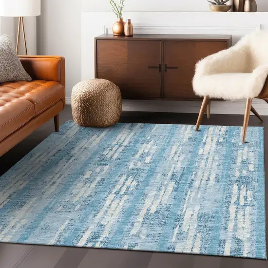 Sky Blue And Ivory Striped Washable Indoor Outdoor Area Rug Photo 9