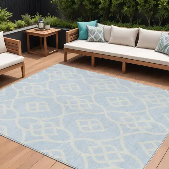 Sky Blue And Ivory Trellis Washable Indoor Outdoor Area Rug Photo 1