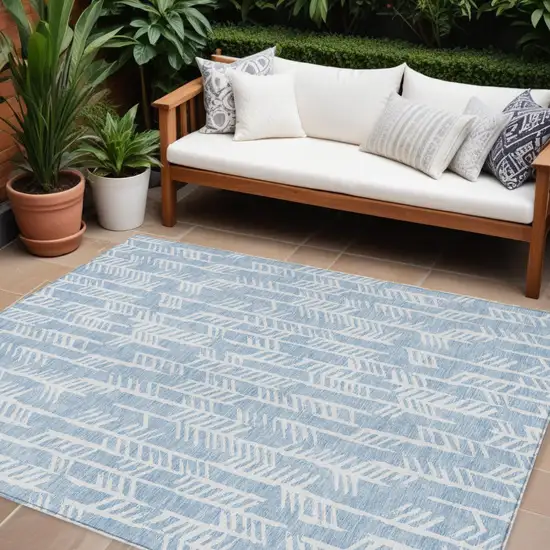 Sky Blue And Ivory Tribal Washable Indoor Outdoor Area Rug Photo 1
