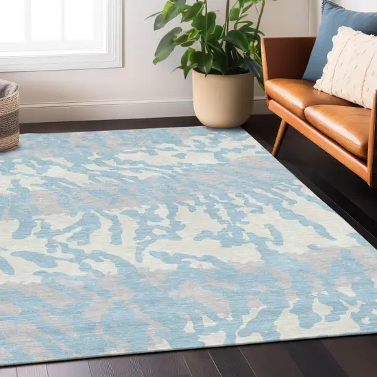 Sky Blue Gray And Ivory Animal Print Washable Indoor Outdoor Area Rug Photo 9