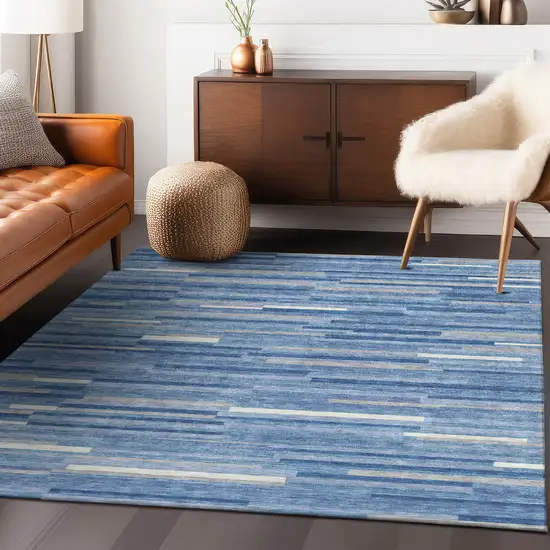 Sky Blue Gray And Ivory Striped Washable Indoor Outdoor Area Rug Photo 9
