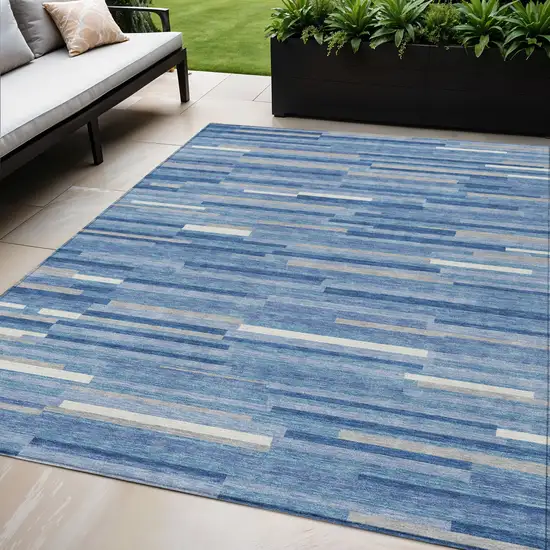 Sky Blue Gray And Ivory Striped Washable Indoor Outdoor Area Rug Photo 1