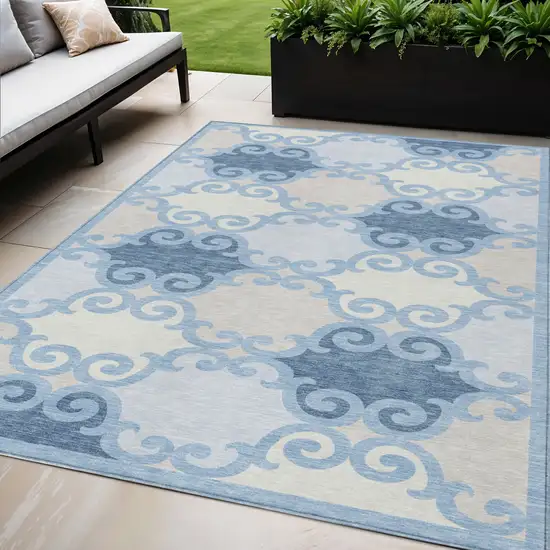 Sky Blue Gray And Ivory Trellis Washable Indoor Outdoor Area Rug Photo 1