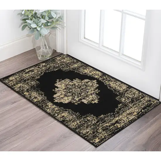 Tan and Black Medallion Distressed Non Skid Area Rug Photo 1