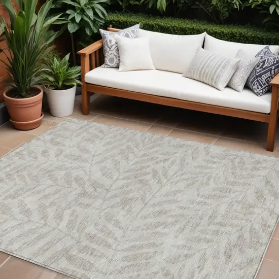 Taupe And Beige Floral Washable Indoor Outdoor Area Rug Photo 1