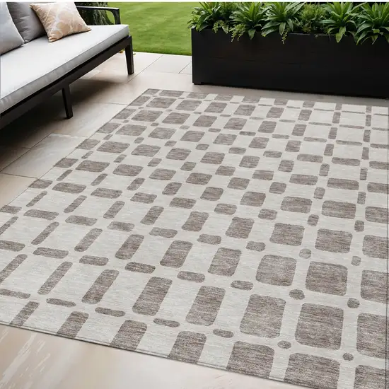 Taupe And Beige Geometric Washable Indoor Outdoor Area Rug Photo 1