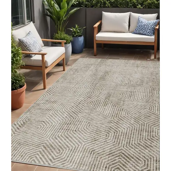 Taupe And Beige Geometric Washable Indoor Outdoor Area Rug Photo 1
