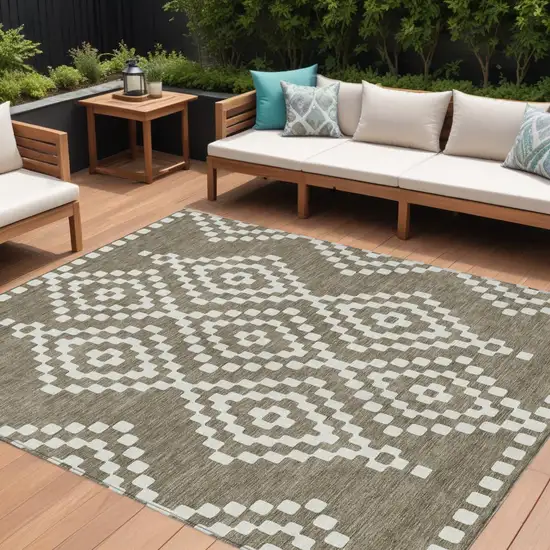 Taupe And Ivory Geometric Washable Indoor Outdoor Area Rug Photo 1