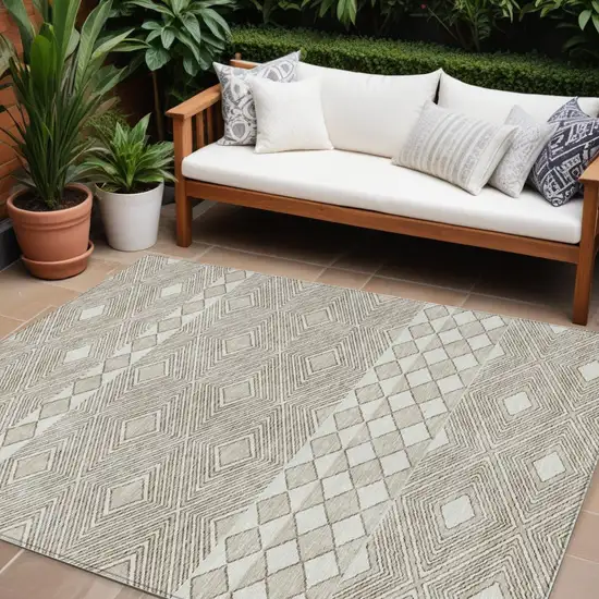 Taupe And Ivory Geometric Washable Indoor Outdoor Area Rug Photo 1