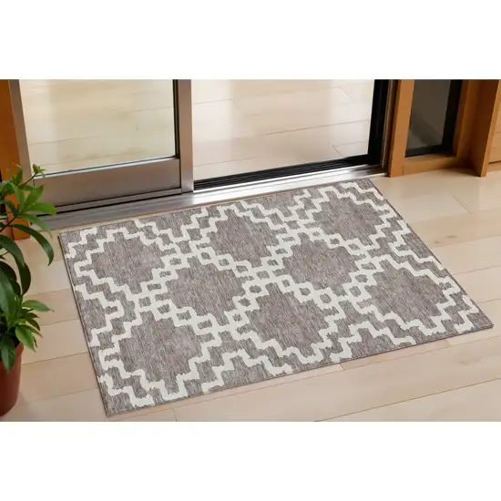 Taupe And Ivory Geometric Washable Indoor Outdoor Area Rug Photo 1
