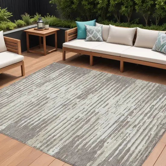 Taupe And Ivory Striped Washable Indoor Outdoor Area Rug Photo 1