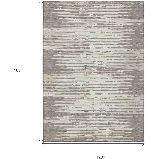 Taupe And Ivory Striped Washable Indoor Outdoor Area Rug Photo 7