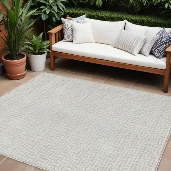 Taupe And Silver Geometric Washable Indoor Outdoor Area Rug Photo 1