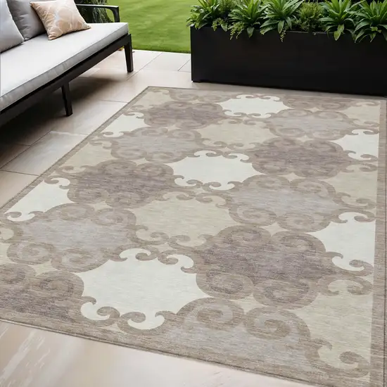 Taupe Beige And Gray Trellis Washable Indoor Outdoor Area Rug Photo 1