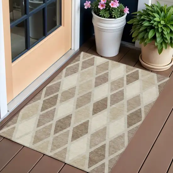 Taupe Beige And Ivory Geometric Washable Indoor Outdoor Area Rug Photo 1