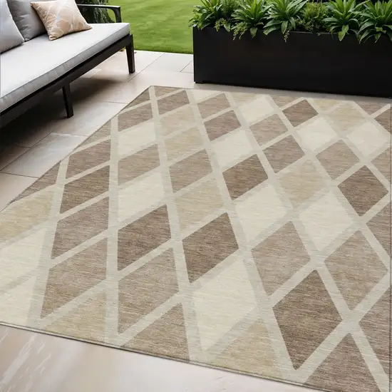Taupe Beige And Ivory Geometric Washable Indoor Outdoor Area Rug Photo 1