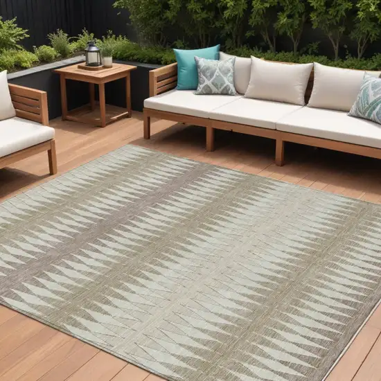 Taupe Beige And Ivory Striped Washable Indoor Outdoor Area Rug Photo 1