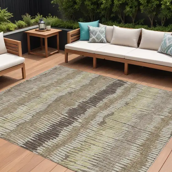 Taupe Brown And Beige Striped Washable Indoor Outdoor Area Rug Photo 1