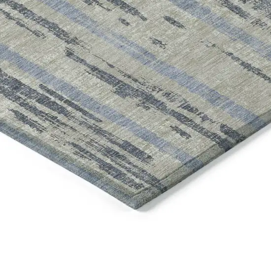 Taupe Gray And Blue Striped Washable Indoor Outdoor Area Rug Photo 5