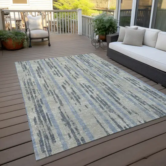 Taupe Gray And Blue Striped Washable Indoor Outdoor Area Rug Photo 8