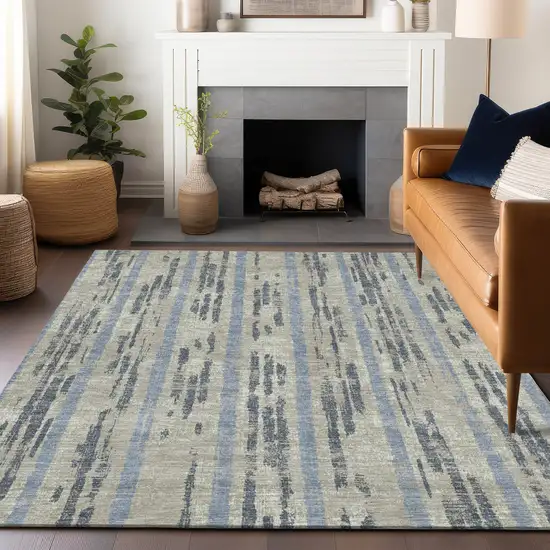 Taupe Gray And Blue Striped Washable Indoor Outdoor Area Rug Photo 9