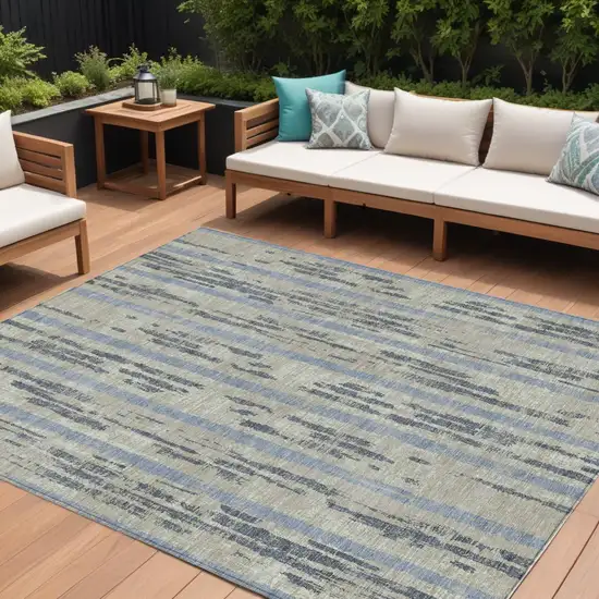 Taupe Gray And Blue Striped Washable Indoor Outdoor Area Rug Photo 1