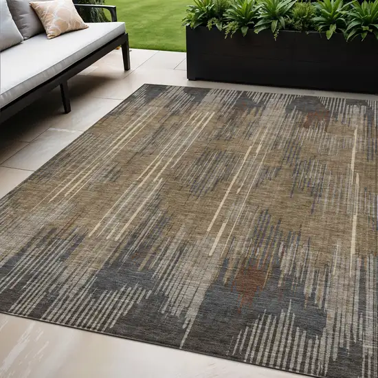 Taupe Gray And Ivory Striped Washable Indoor Outdoor Area Rug Photo 1