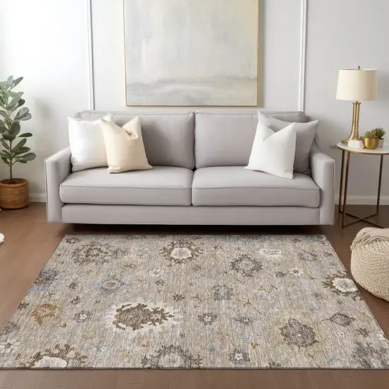 Taupe Silver And Gray Floral Washable Indoor Outdoor Area Rug Photo 9