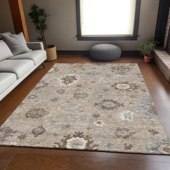 Taupe Silver And Gray Floral Washable Indoor Outdoor Area Rug Photo 8