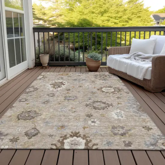 Taupe Silver And Gray Floral Washable Indoor Outdoor Area Rug Photo 7