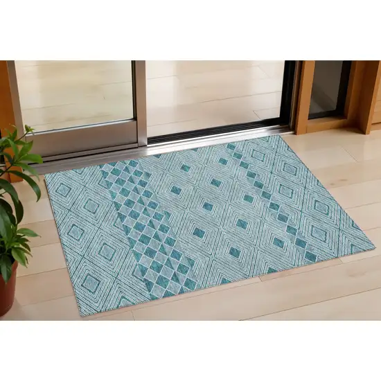 Teal Blue And Aqua Geometric Washable Indoor Outdoor Area Rug Photo 1