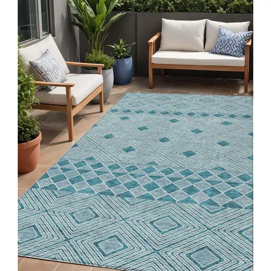Teal Blue And Aqua Geometric Washable Indoor Outdoor Area Rug Photo 1