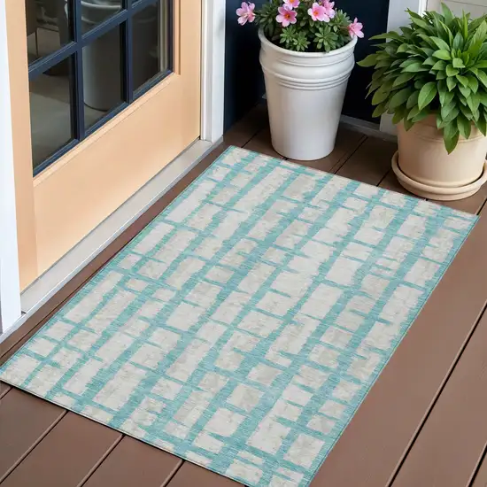 Teal Blue And Gray Striped Washable Indoor Outdoor Area Rug Photo 1