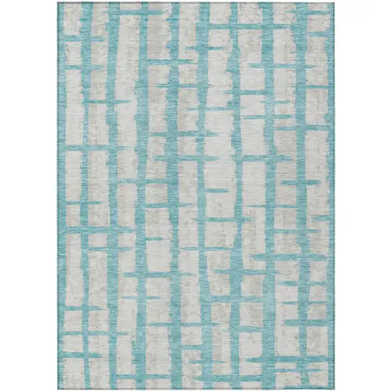 Teal Blue And Gray Striped Washable Indoor Outdoor Area Rug Photo 2