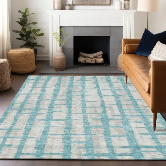 Teal Blue And Gray Striped Washable Indoor Outdoor Area Rug Photo 8