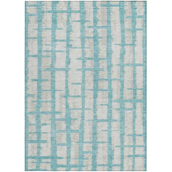Teal Blue And Gray Striped Washable Indoor Outdoor Area Rug Photo 6