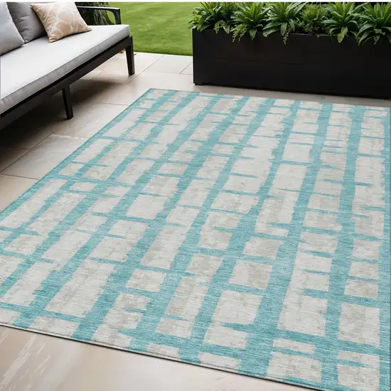 Teal Blue And Gray Striped Washable Indoor Outdoor Area Rug Photo 1