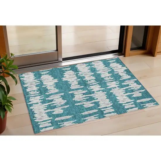 Teal Blue And Gray Striped Washable Indoor Outdoor Area Rug Photo 1