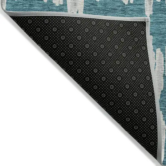 Teal Blue And Gray Striped Washable Indoor Outdoor Area Rug Photo 4