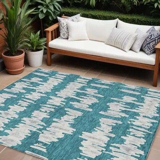 Teal Blue And Gray Striped Washable Indoor Outdoor Area Rug Photo 1