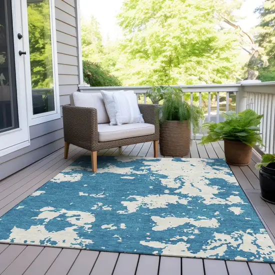 Teal Blue And Ivory Abstract Washable Indoor Outdoor Area Rug Photo 8