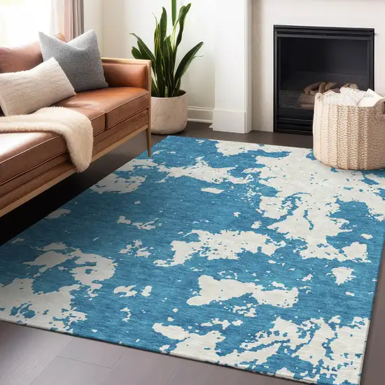 Teal Blue And Ivory Abstract Washable Indoor Outdoor Area Rug Photo 9