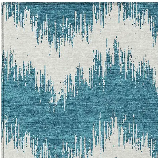 Teal Blue And Ivory Chevron Washable Indoor Outdoor Area Rug Photo 6