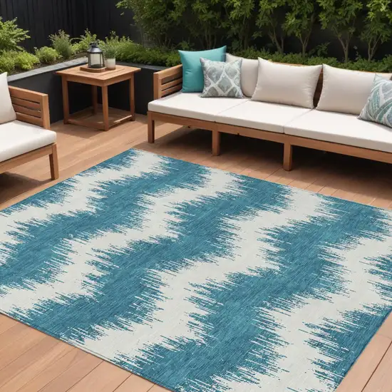 Teal Blue And Ivory Chevron Washable Indoor Outdoor Area Rug Photo 1
